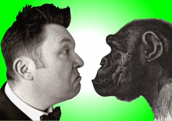 Side view of Craig, wearing a tuxedo, staring out a chimpanzee.