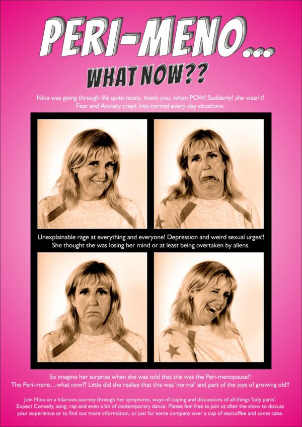 Heading reads "Peri-Mono... What Now?". Four mugshots of a blonde lady pulling faces displayed on a pink background.