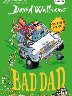 An illustration of a Father and his son, driving a car whilst wearing bank robber clothing.