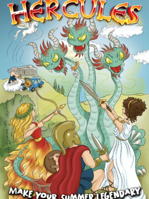 A colourful illustration of Hercules and friends battling a three headed monster.