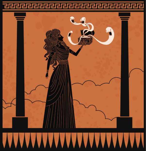 A silhouetted figure of Pandora stands on an orange background