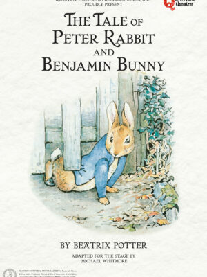 Illustrated picture of peter Rabbit crawling under a fence.