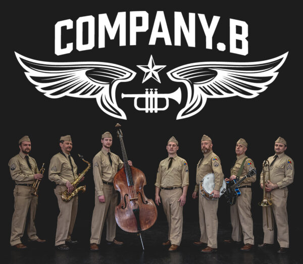 Company B - the band pose with their uniforms and instruments.