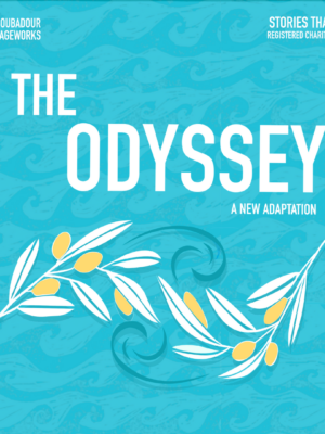 The Odyssey - A new adaptation. Text on a textured, blue background with illustrated leaves and berries. in the foreground.