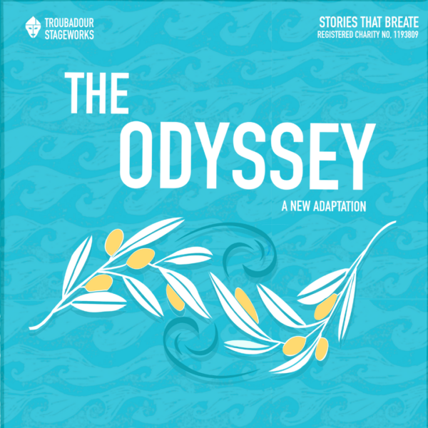 The Odyssey - A new adaptation. Text on a textured, blue background with illustrated leaves and berries. in the foreground.