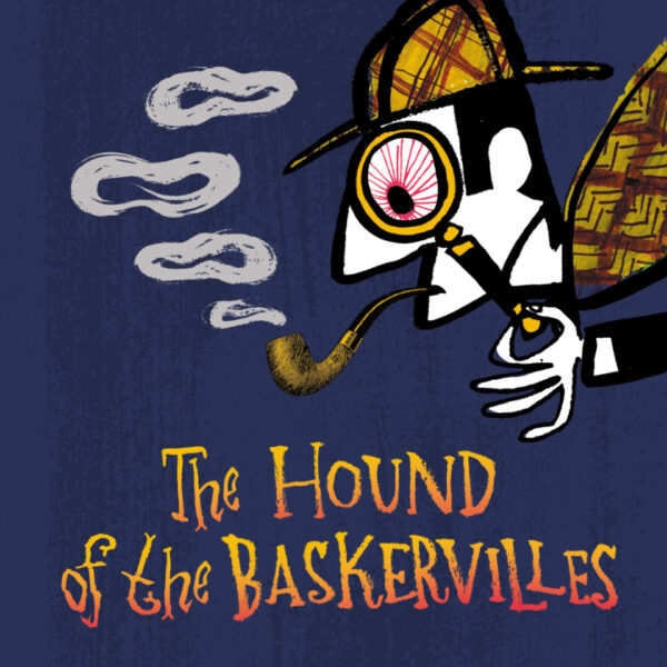 An illustrated Sherlock Holmes smokes a pipe and peers through a looking glass.