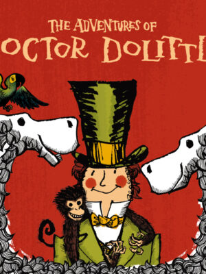 An illustrated Dr Dolittle surrounded by various animals.