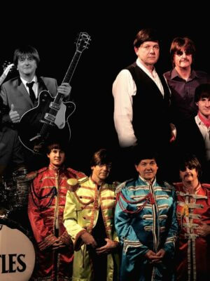 A montage showing the band across three different eras of The Beatles.
