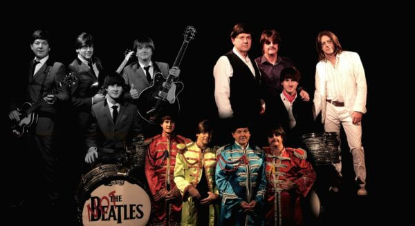 A montage showing the band across three different eras of The Beatles.