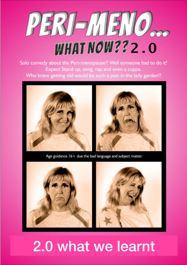 Heading reads "Peri-Mono... What Now? 2.0". Four mugshots of a lady pulling faces displayed on a pink background.