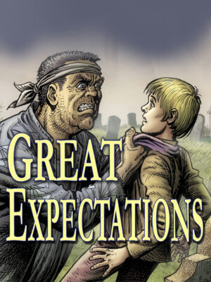 An illustrated image showing a man grappling with a young boy. Text reads "Great Expectations"